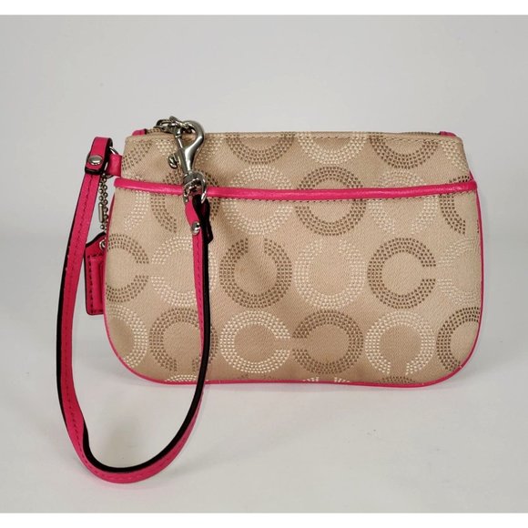 Coach Women's Beige Canvas  Pink Leather Trim Dotted Ashley Wristlet Sz S 17 - Picture 5 of 9